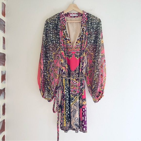 Alice+Olivia Lilian Paisley Long Sleeve Belted Mini Dress In Desire Multi Combo - Picture 10 of 10